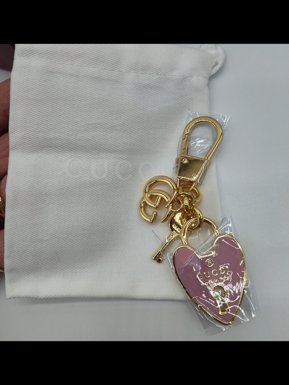 GUCCI Pink Heart Lock Key Charm Gold Tone GG Logo Bag Charm Keychain Dust Bag